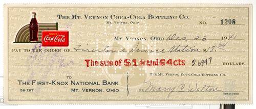 ANTIQUE COLLECTABLE VINTAGE COCA-COLA COKE CHEQUE OF 1941