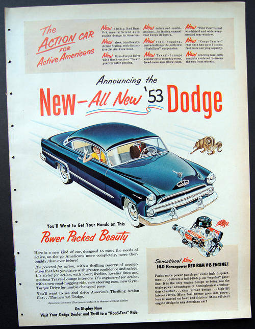 ORIGINAL VINTAGE DODGE CAR AD FROM 1953 - OVER 50 YEARS OLD (also see my other old car ads)