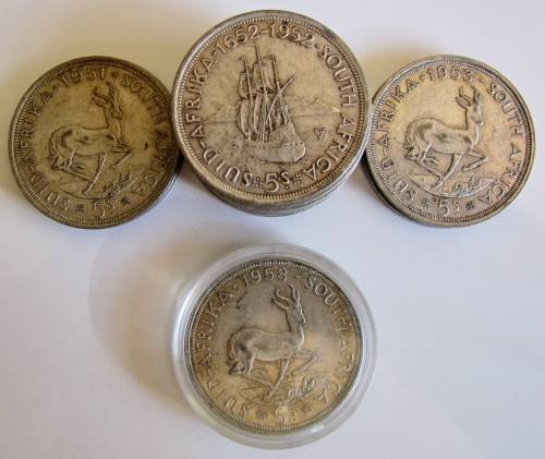 13 x UNION OF SOUTH AFRICA 5 SHILLINGS 50% SILVER
