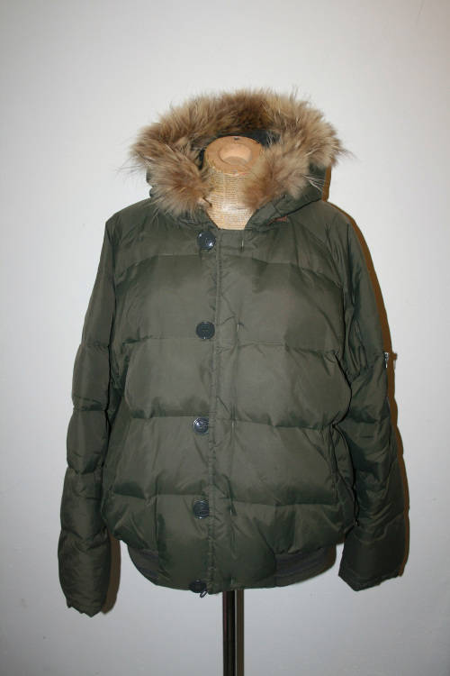 Vintage Mens Khaki Down Feather Hooded Bomber Jacket Size:L