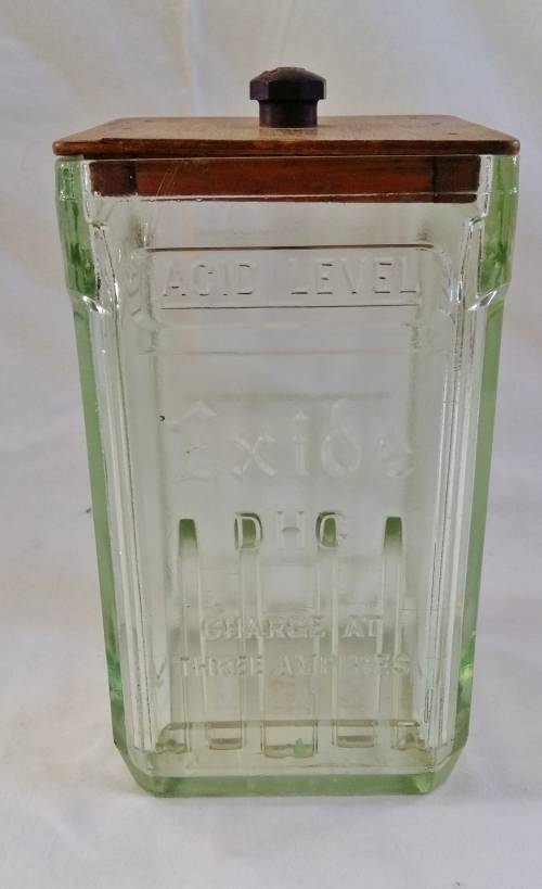 Vintage Exide Glass Battery acid jar with lid.