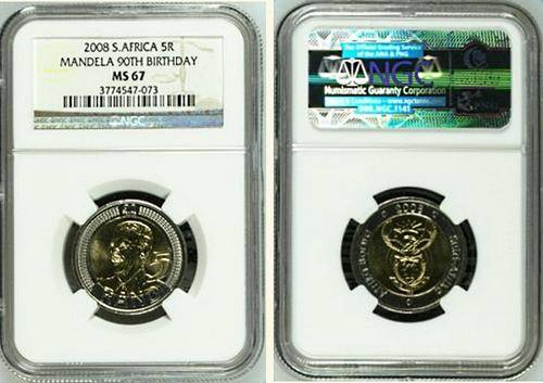 10 x 2008 MANDELA "90th BIRTHDAY" R5 COIN - ~NGC GRADED MS65~ RARER THAN MS66 and MS67