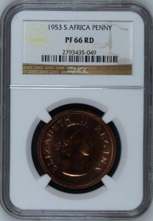 1953 SOUTH AFRICA PENNY - STUNNING RED/PURPLE TONING - ONLY 2 GRADED HIGHER - NGC GRADED PF66 RED