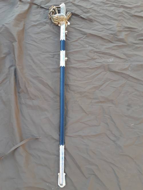 South African Naval Officers sword Pre 1994 with Old South African coat of arms on blade