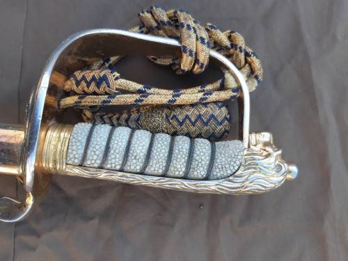 South African Naval Officers sword Pre 1994 with Old South African coat of arms on blade