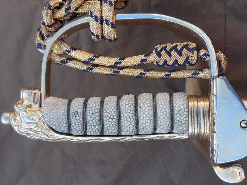 South African Naval Officers sword Pre 1994 with Old South African coat of arms on blade