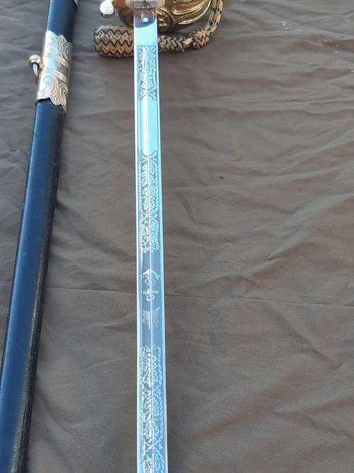 South African Naval Officers sword Pre 1994 with Old South African coat of arms on blade