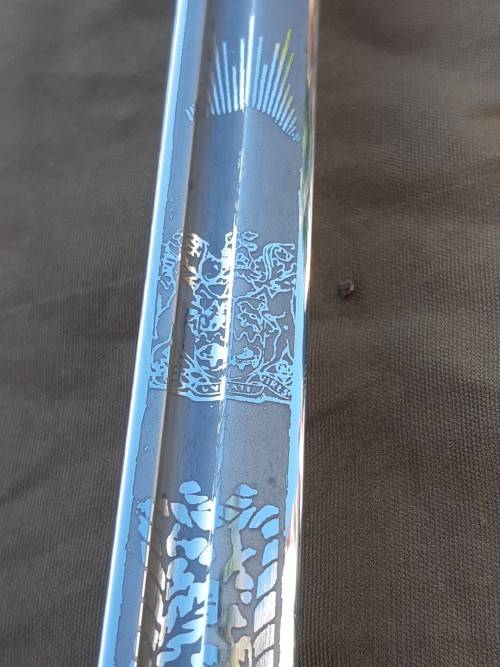 South African Naval Officers sword Pre 1994 with Old South African coat of arms on blade