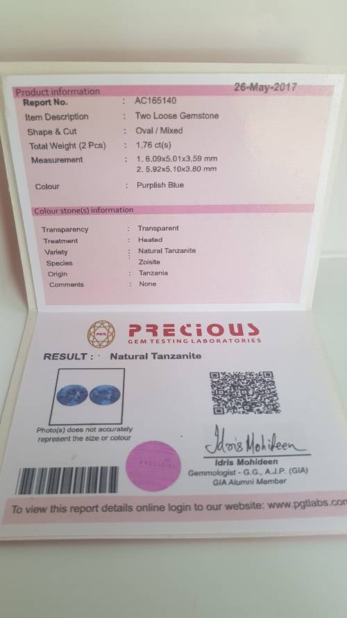 1.76ct CERTIFIED pair Tanzanites