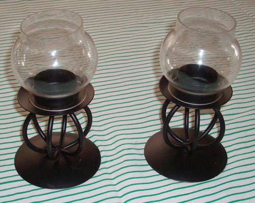 2 Black Candle Holders With Glass Shades