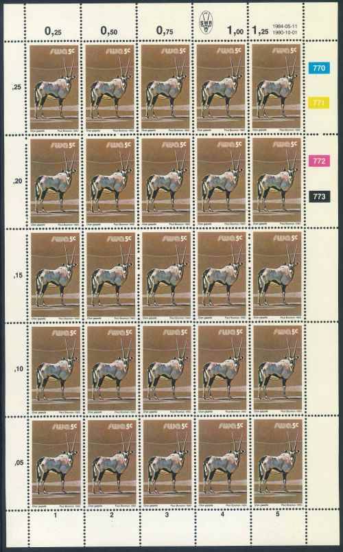 SWA 1984 Wildlife Definitive Reprint 5c Sheet of Gemsbok stamps (**)