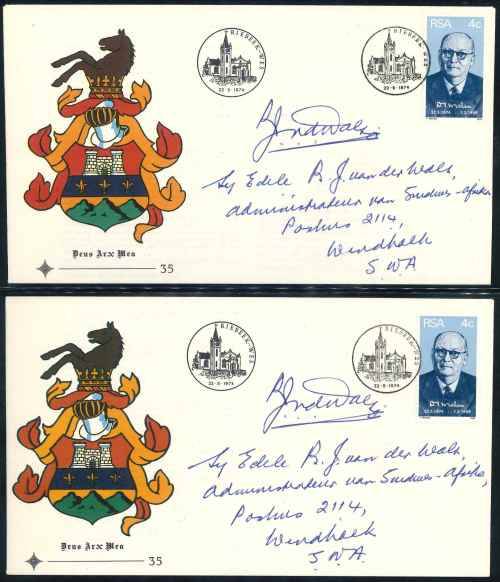 South Africa 1974 Signed "D.F. Malan Birth Centenary" Official First Day Covers with colour Variety