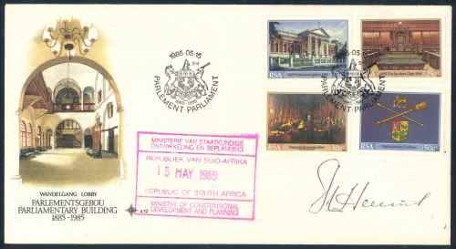 South Africa 1985 "Cape Parliamentary Buildings" First Day Cover No. 4.12 Signed by Chris Heunis