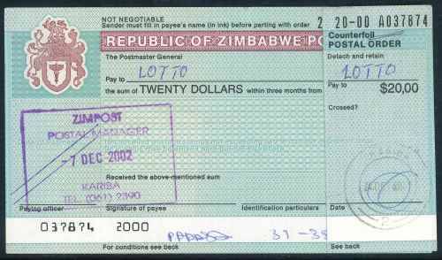 Zimbabwe 2002 issued $20 Postal Order with Counterfoil - "Kariba" Cancel