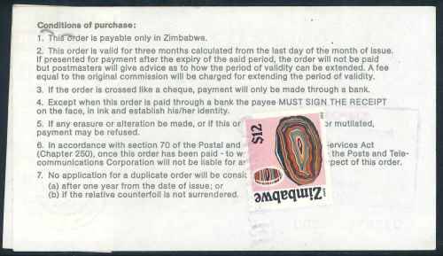 Zimbabwe 2002 issued $20 Postal Order with Counterfoil - "Kariba" Cancel