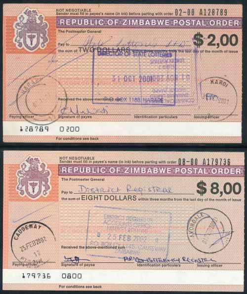 Zimbabwe 2001/02 small lot of (6) x issued Postal Orders with interesting Postmarks