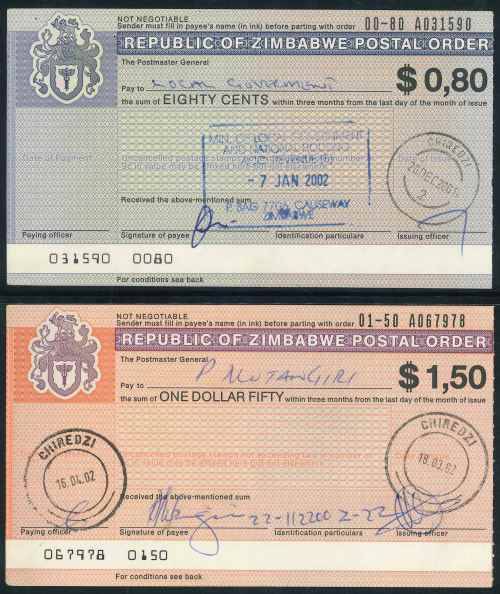 Zimbabwe 2001/02 small lot of (6) x issued Postal Orders with interesting Postmarks