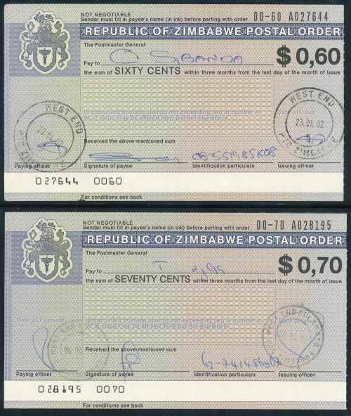 Zimbabwe 2001/02 small lot of (6) x issued Postal Orders with interesting Postmarks