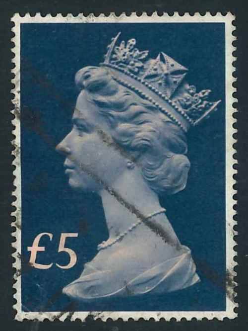 GB UK 1977 QEII used single 5 Pound stamp (SG 1028)