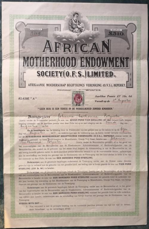 South Africa 1919 "African Motherhood Endowment Society" Document affixed with 2s Revenue stamp
