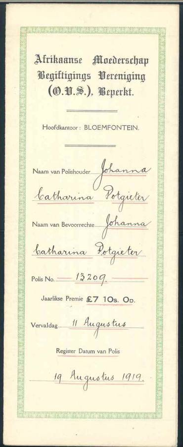 South Africa 1919 "African Motherhood Endowment Society" Document affixed with 2s Revenue stamp