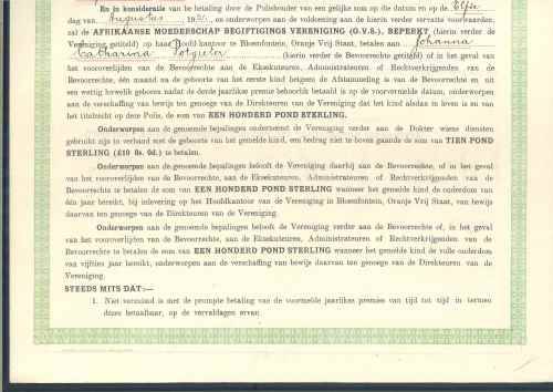 South Africa 1919 "African Motherhood Endowment Society" Document affixed with 2s Revenue stamp