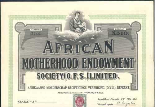 South Africa 1919 "African Motherhood Endowment Society" Document affixed with 2s Revenue stamp