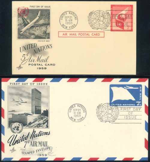 United Nations 1959 illustrated Pre-printed "Air Mail" First Day Cover and First Day Postal Card
