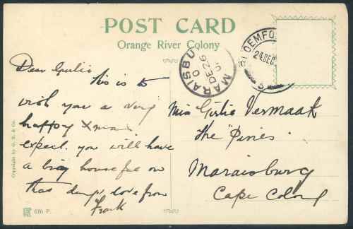 Orange Free State 1906 "The Fort" Postcard sent from Bloemfontein to Maraisburg in the Cape