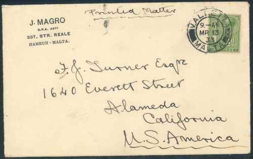 Malta 1933 Cover from Valletta to the USA with interesting original "J. Magro" Inserts
