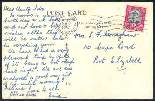 South Africa 1947 "Union Castle Line - Warwick Castle" used Postcard