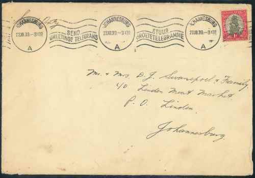 South Africa 1939 Cover with "Johannesburg" Slogan Machine Type Cancellation