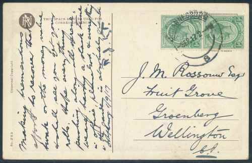 South Africa 1917 Postcard franked with pair of 1/2d KGV Head stamps