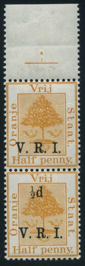 Orange Free State 1900 Scarce Certified (1/2d on 1/2d) vertical pair with Missing Value