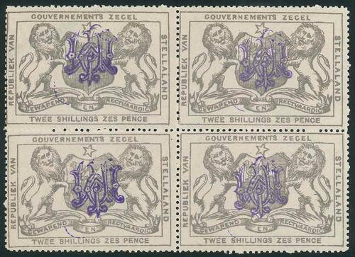 Stellaland (Bechuanaland) 1886 Scarce Block of (4) x 2s6d Revenue stamps with Control Monogram