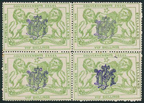 Stellaland (Bechuanaland) 1886 Scarce Block of (4) x 5s Revenue stamps with Control Monogram