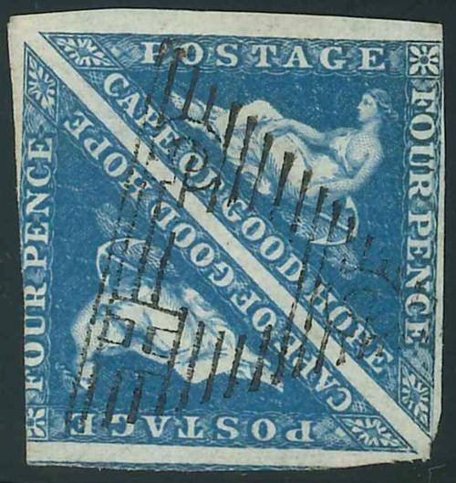 Cape of Good Hope 1853/64 Scarce Queen Victoria used Imperforate pair of 4d blue Triangular stamps