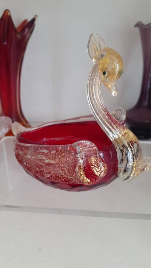 STUNNING Valuable and Rare Venetian Ruby Red with Gold Inlay Swan Bowl