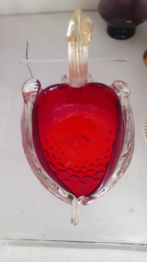 STUNNING Valuable and Rare Venetian Ruby Red with Gold Inlay Swan Bowl