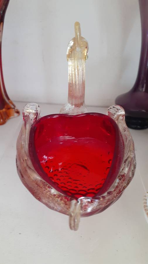 STUNNING Valuable and Rare Venetian Ruby Red with Gold Inlay Swan Bowl
