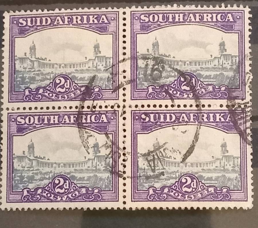 Union of SA-SACC 58(var)`ladder`(top left stamp)Blue and Violet Block of 4