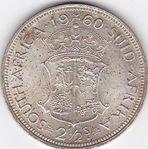 1960 SOUTH AFRICA 2 1/2 SHILLING SILVER AS PER SCAN