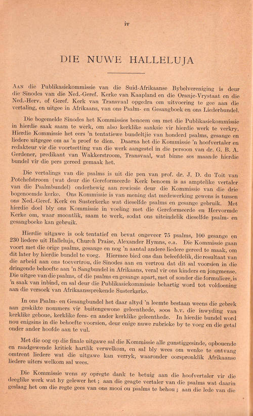 Lied Gesang Psalm Halleluja Afrikaans Kerk Gereformeerd Hervormd Nederduitse Totius Gerdener Musiek Kerkmusiek