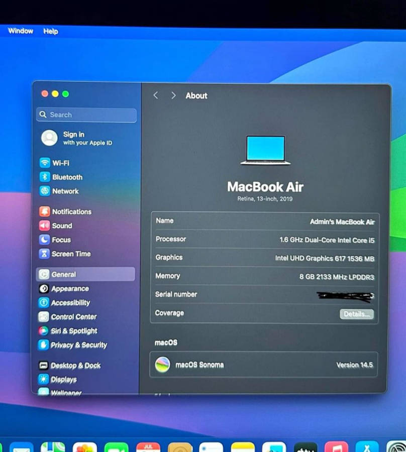 MACBOOK AIR 13` 2019 SPACE GREY INTEL CORE i5, 128GB SSD, 8GB RAM, 1.6GHZ  TOUCH ID