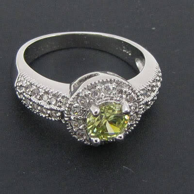 SOLID 14K WHITE GOLD  PERIDOT RING & WHITE SAPPHIRES