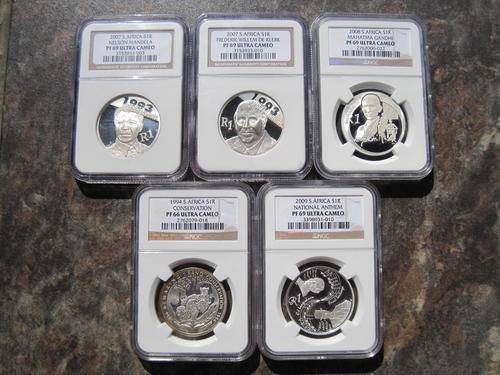 5 Slabbed South Africa R.1 Silver coins for 1 price