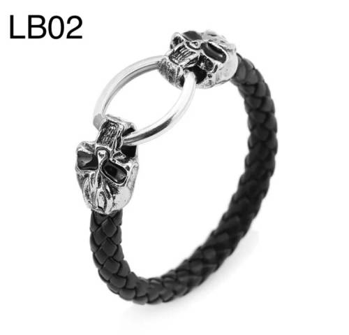 LB02 - WOVEN LEATHER S/STEEL SKULL BRACELETS