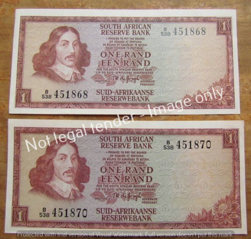 2 x DE JONGH CONSECUTIVE EVEN R1 NOTES (B538) UNC **BID PER NOTE**