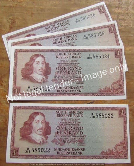 4 x DE JONGH R1 NOTES (3 X CONS. + 1) UNC **BID PER NOTE**