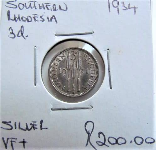 1934 SOUTHERN RHODESIA 3d  **SILVER** LOW START **